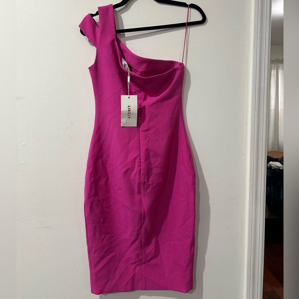 One Shoulder fitted Likely Packard Dress w Slit (Pink/Ceri color)